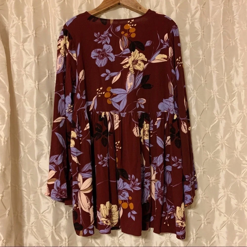 Free People Bella Floral-Print Tunic Mini Dress Purple Bell Sleeve V Neck